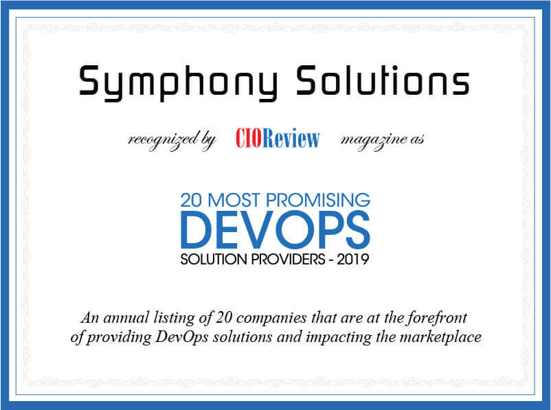 Symphony Solutions certificate of recognition by CIOReview as 20 most promising DevOps solution provider 2019